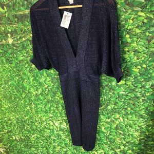 MLH Womens Short Sleeve Bodycon deep V-Neck Party Dress Navy Metallic Small nwt